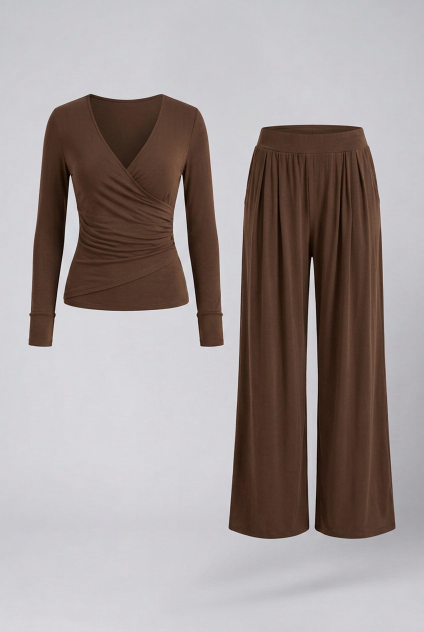 Women's Lounge Set with Wrap Top and Wide-Leg Pants