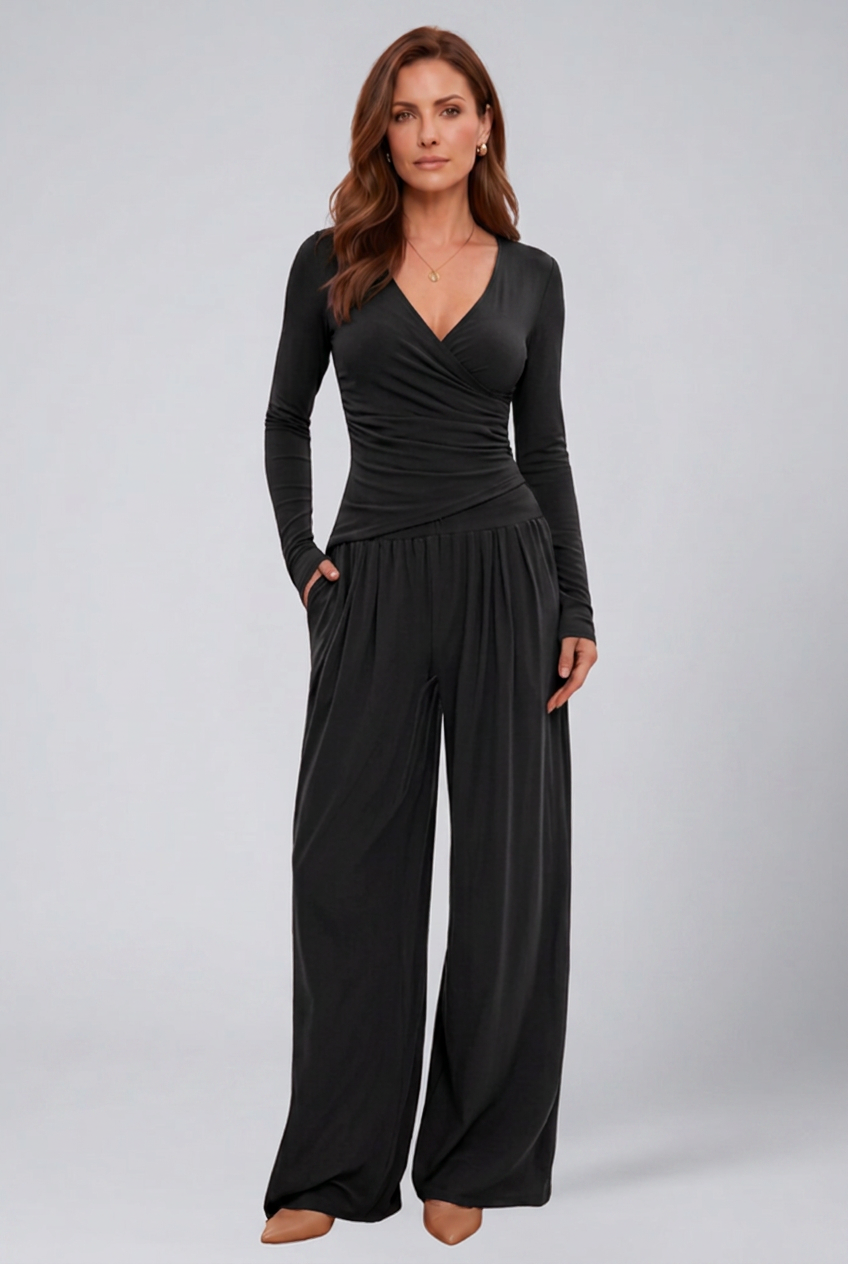 Women's Lounge Set with Wrap Top and Wide-Leg Pants