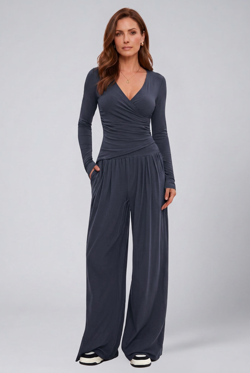 Women's Lounge Set with Wrap Top and Wide-Leg Pants