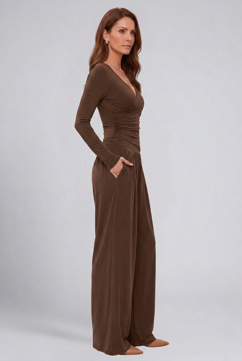 Women's Lounge Set with Wrap Top and Wide-Leg Pants