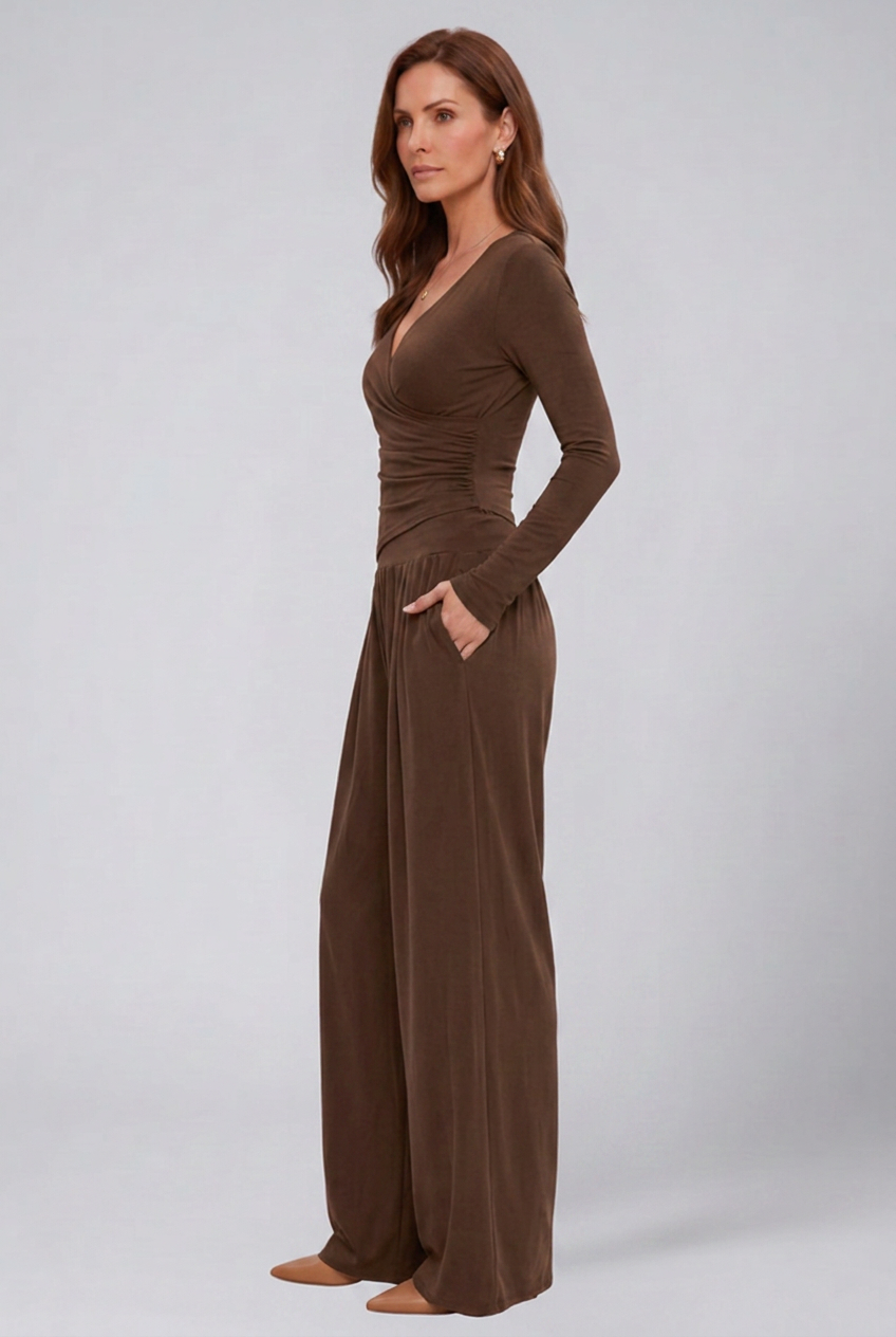Women's Lounge Set with Wrap Top and Wide-Leg Pants