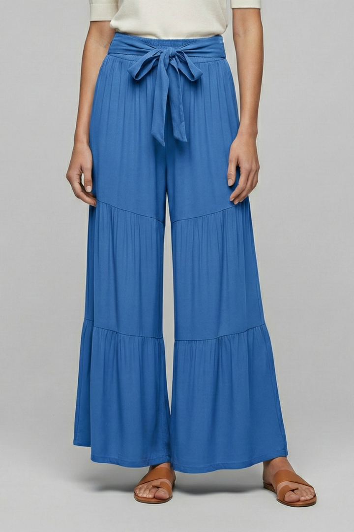 Women’s Palazzo Trousers with Drawstring Waist and Tiered Legs