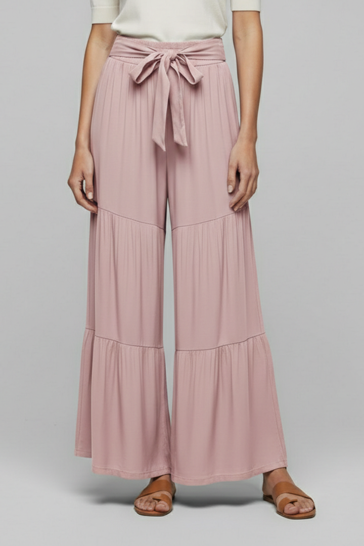 Women’s Palazzo Trousers with Drawstring Waist and Tiered Legs