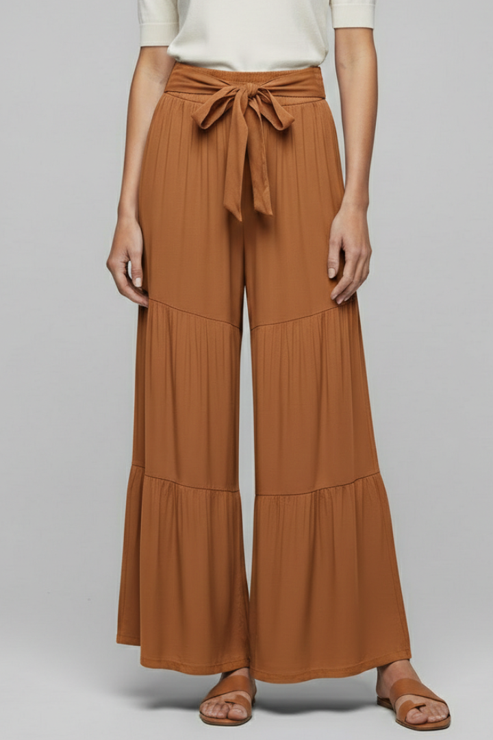 Women’s Palazzo Trousers with Drawstring Waist and Tiered Legs