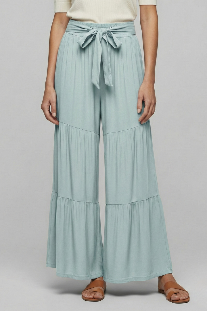 Women’s Palazzo Trousers with Drawstring Waist and Tiered Legs