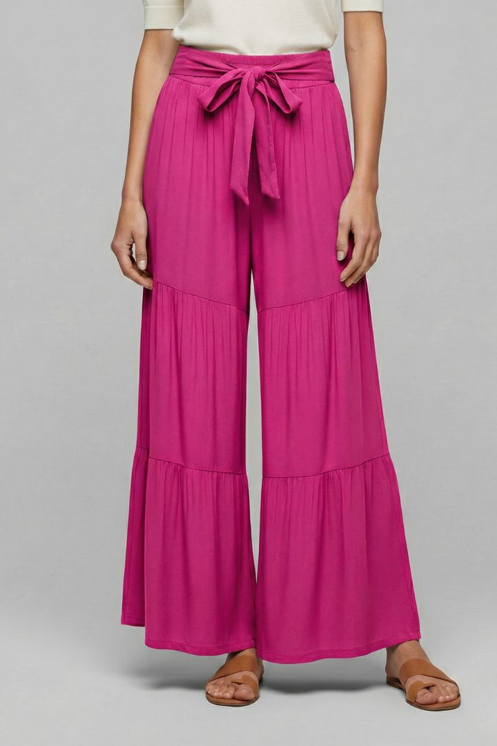 Women’s Palazzo Trousers with Drawstring Waist and Tiered Legs
