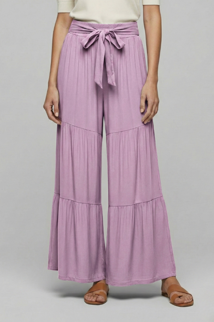 Women’s Palazzo Trousers with Drawstring Waist and Tiered Legs