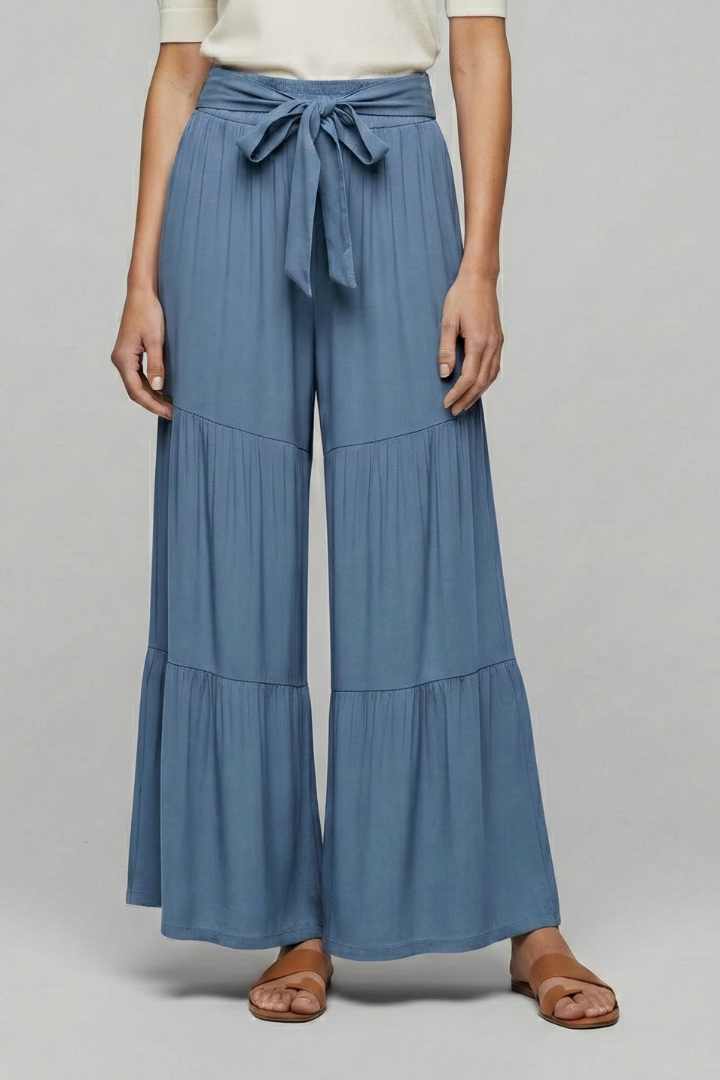 Women’s Palazzo Trousers with Drawstring Waist and Tiered Legs