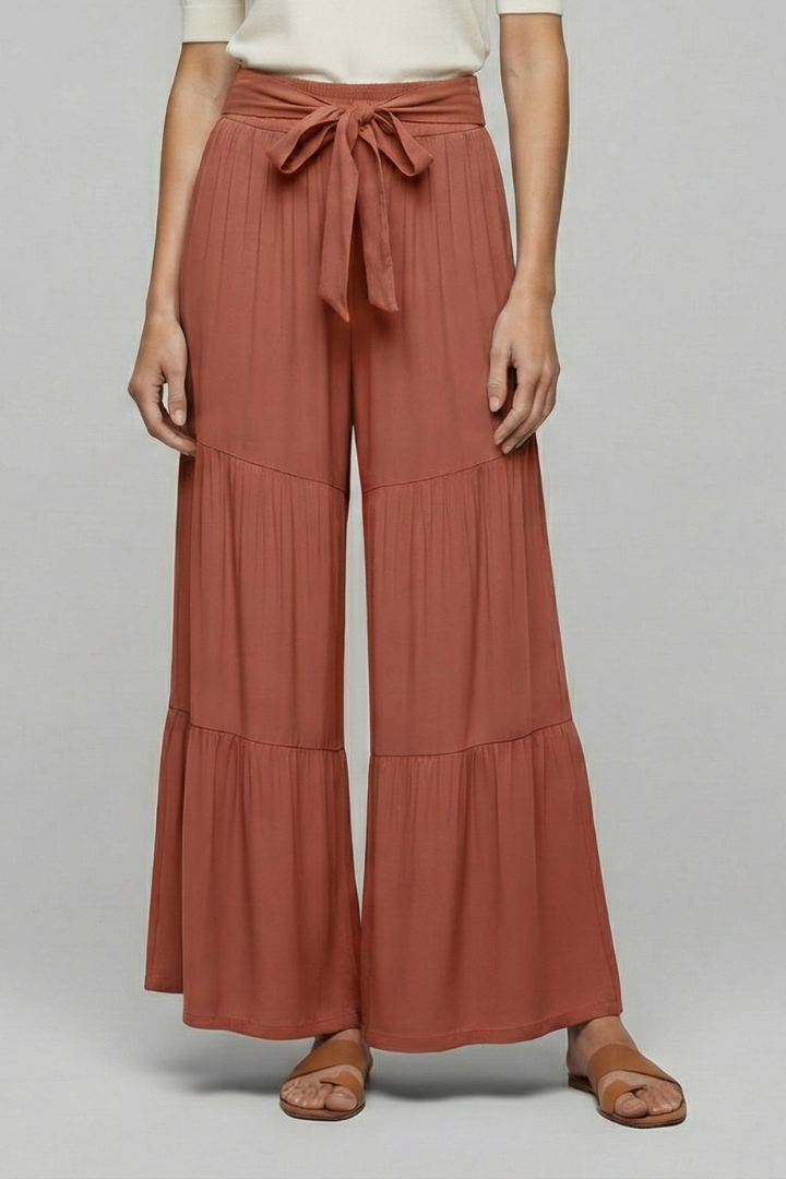 Women’s Palazzo Trousers with Drawstring Waist and Tiered Legs