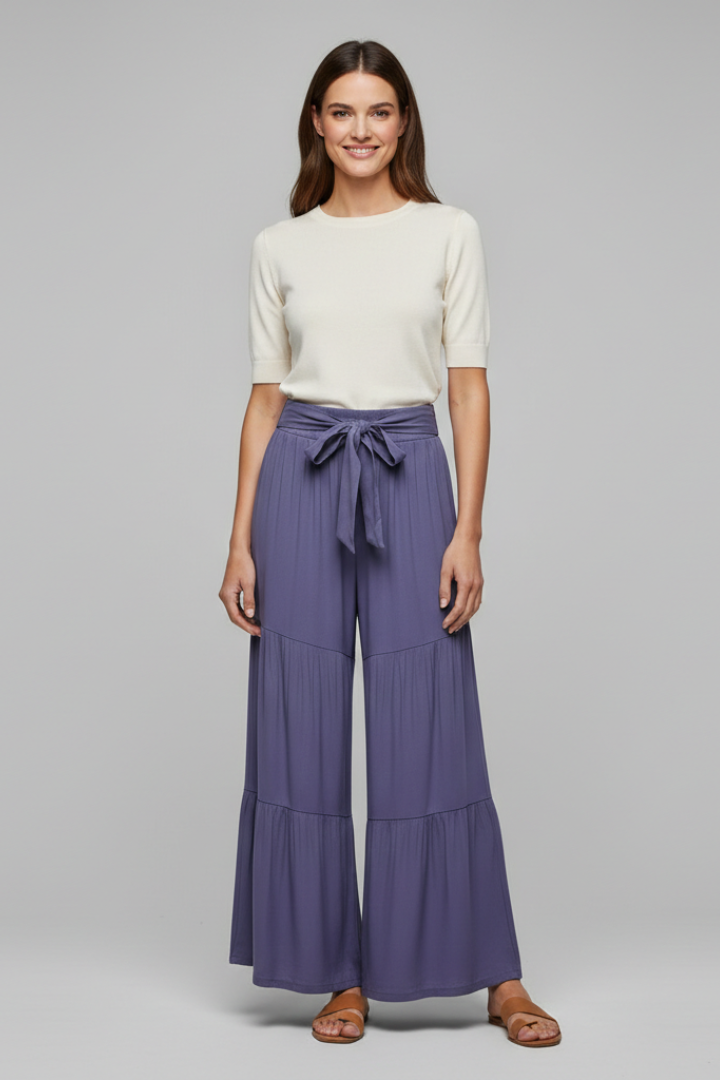 Women’s Palazzo Trousers with Drawstring Waist and Tiered Legs