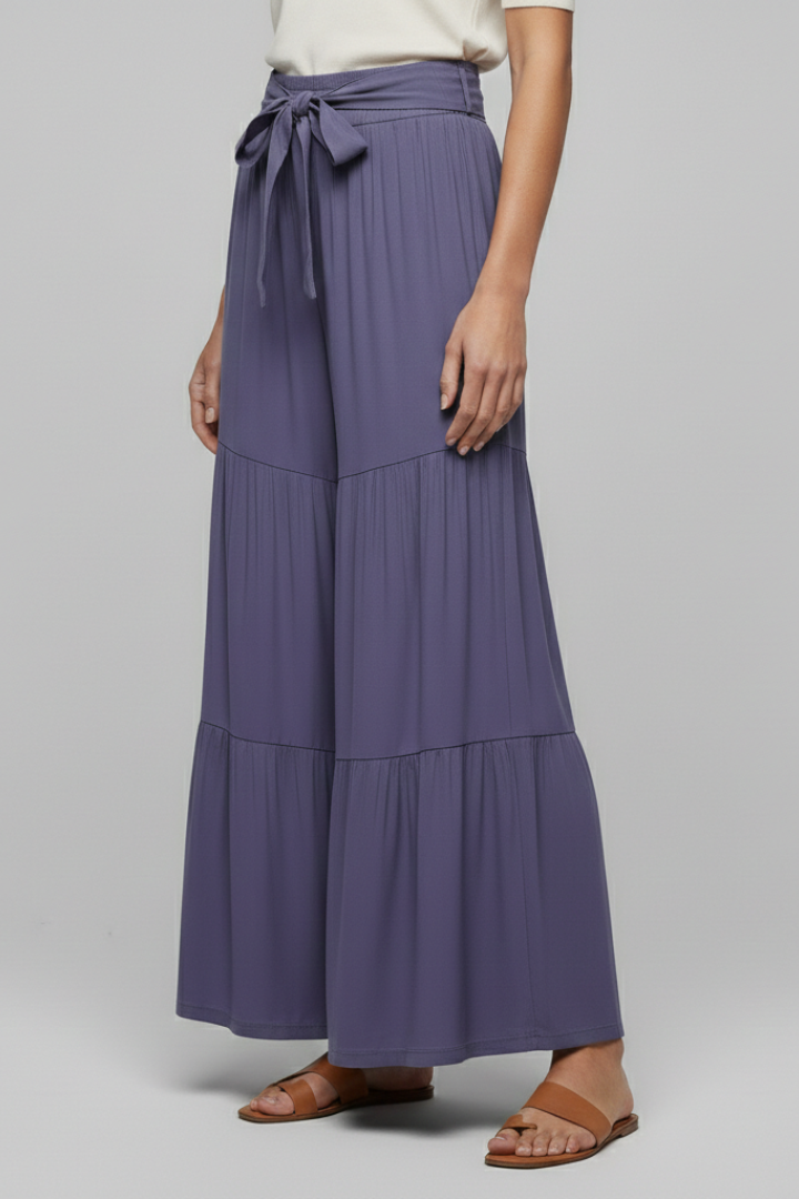Women’s Palazzo Trousers with Drawstring Waist and Tiered Legs