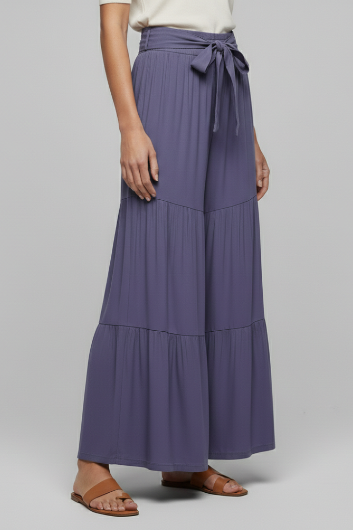 Women’s Palazzo Trousers with Drawstring Waist and Tiered Legs
