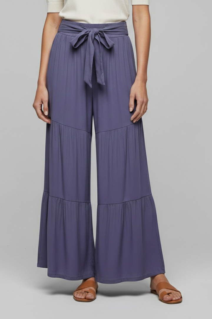 Women’s Palazzo Trousers with Drawstring Waist and Tiered Legs