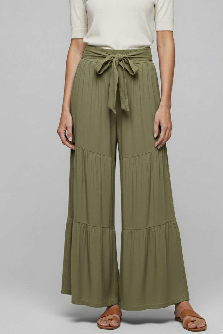 Women’s Palazzo Trousers with Drawstring Waist and Tiered Legs