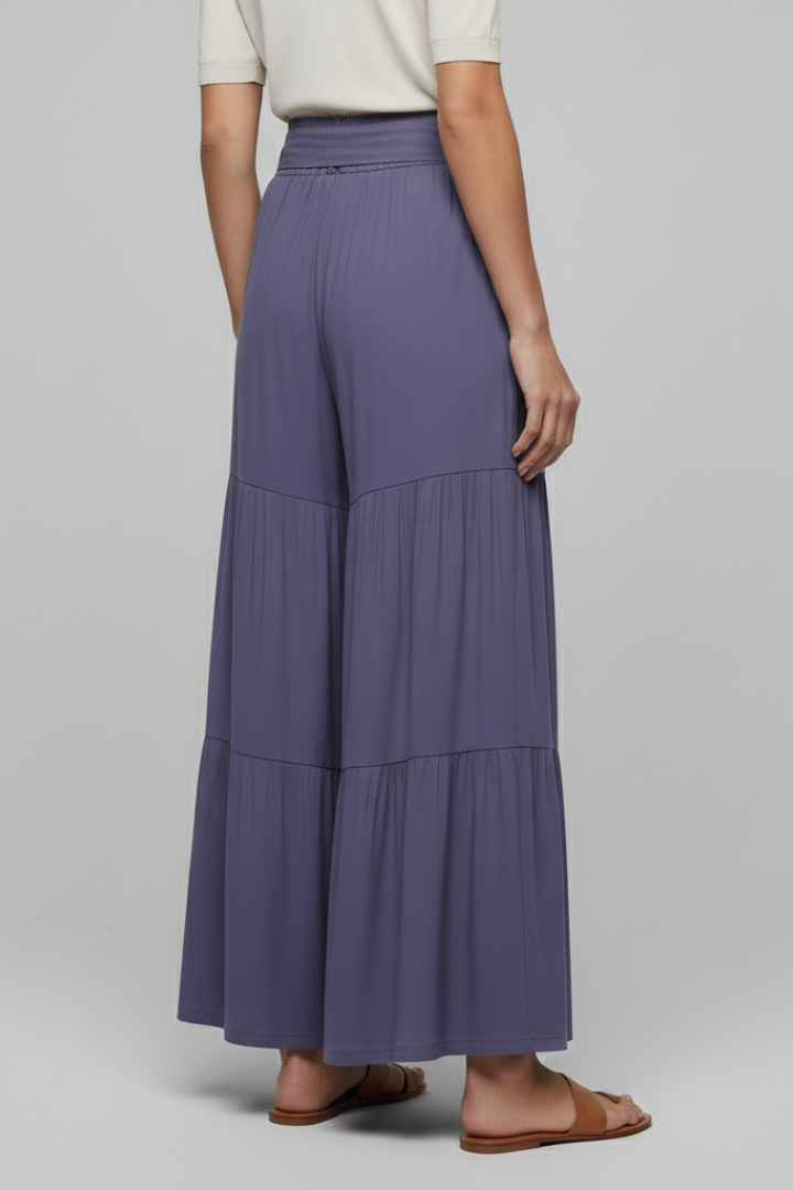 Women’s Palazzo Trousers with Drawstring Waist and Tiered Legs