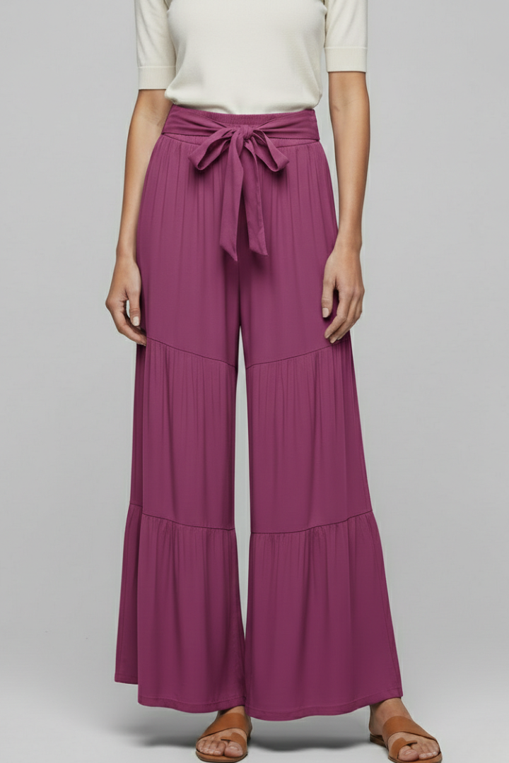 Women’s Palazzo Trousers with Drawstring Waist and Tiered Legs