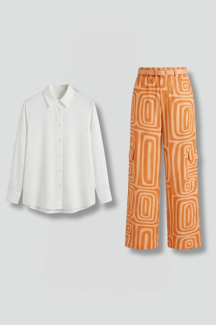 Women’s Shirt and Trousers Set with Button Closure and Straight Legs