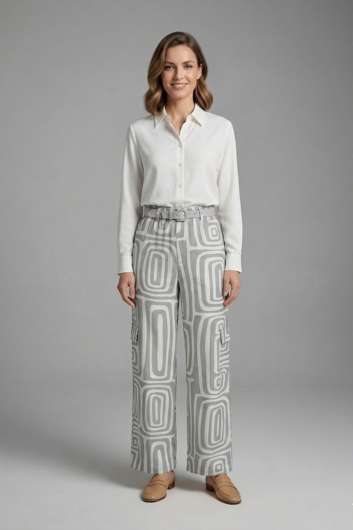 Women’s Shirt and Trousers Set with Button Closure and Straight Legs