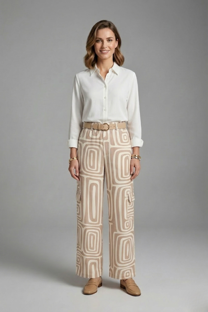 Women’s Shirt and Trousers Set with Button Closure and Straight Legs