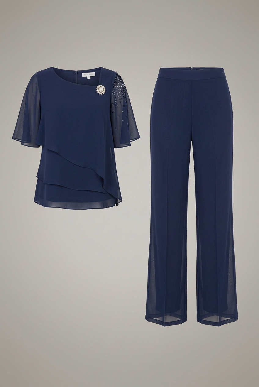 Women’s Top and Trousers Set with Layered Top and Straight Legs