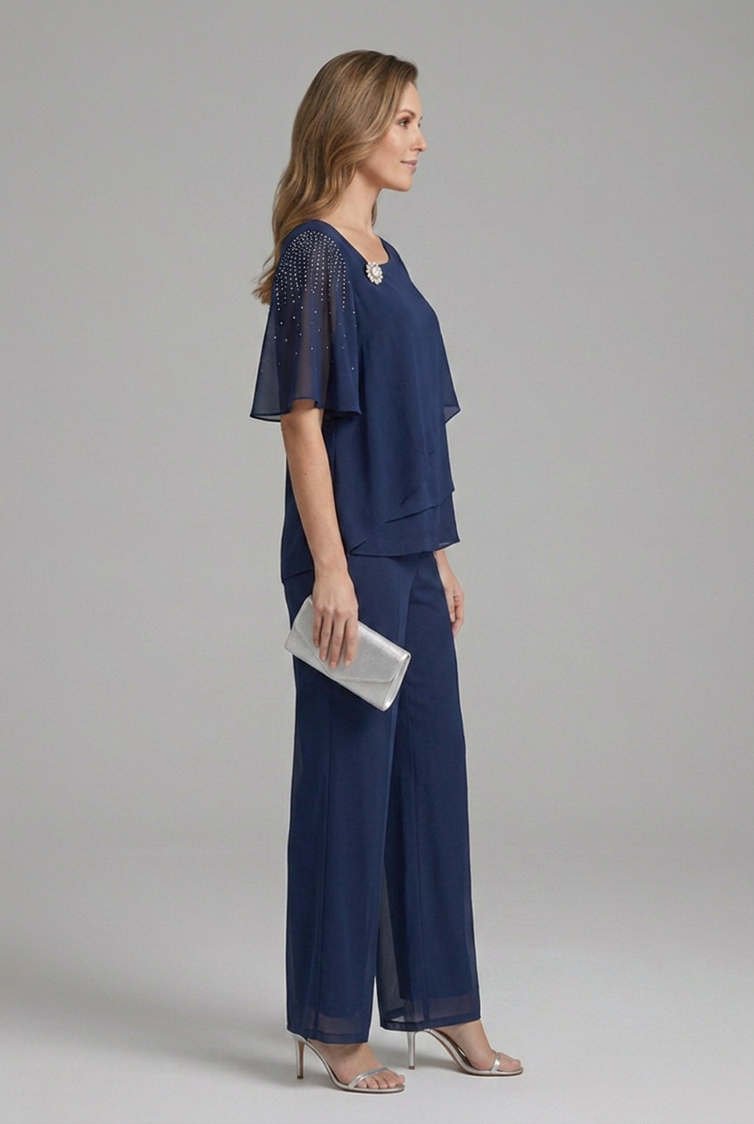 Women’s Top and Trousers Set with Layered Top and Straight Legs