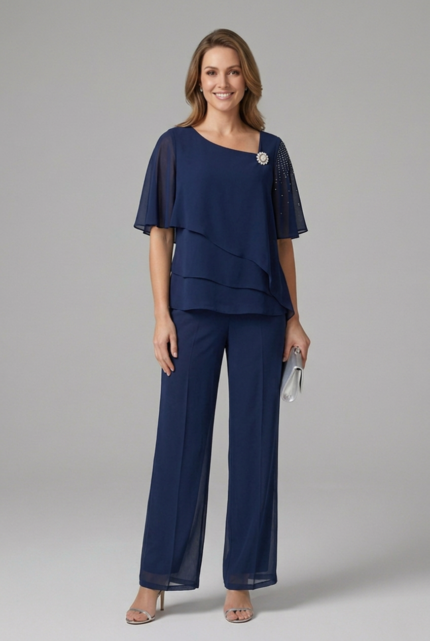 Women’s Top and Trousers Set with Layered Top and Straight Legs