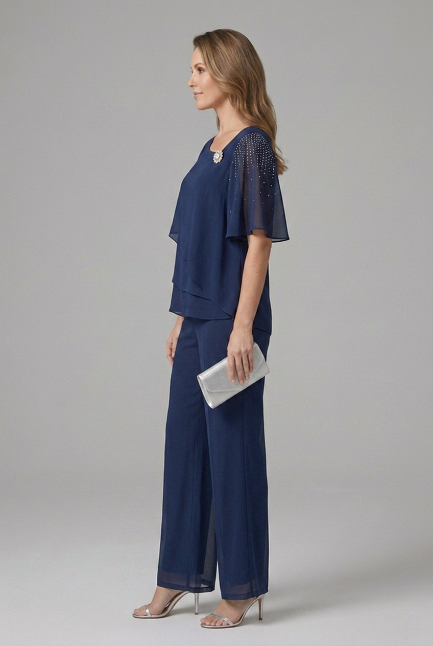 Women’s Top and Trousers Set with Layered Top and Straight Legs