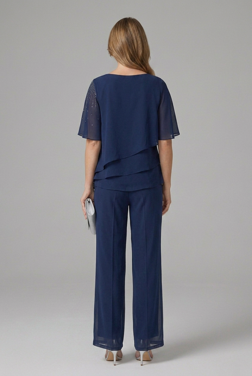 Women’s Top and Trousers Set with Layered Top and Straight Legs