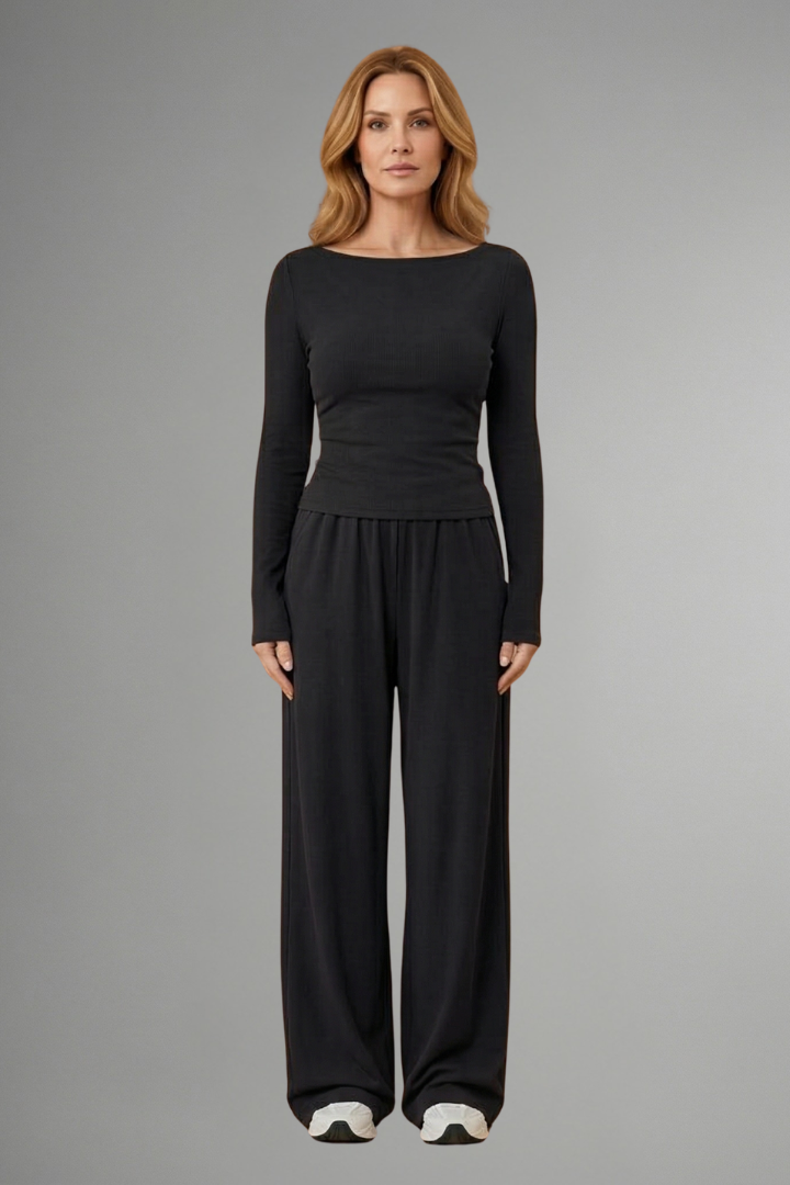 Women’s Top and Trousers Set with Relaxed Fit and Long Sleeves