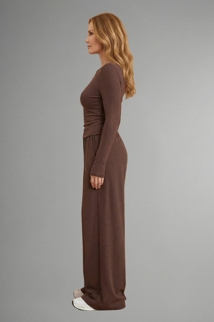 Women’s Top and Trousers Set with Relaxed Fit and Long Sleeves
