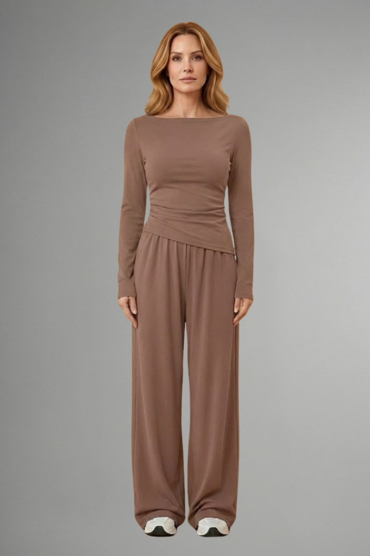 Women’s Top and Trousers Set with Relaxed Fit and Long Sleeves