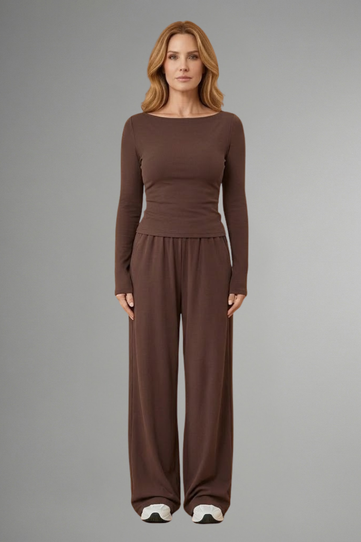 Women’s Top and Trousers Set with Relaxed Fit and Long Sleeves