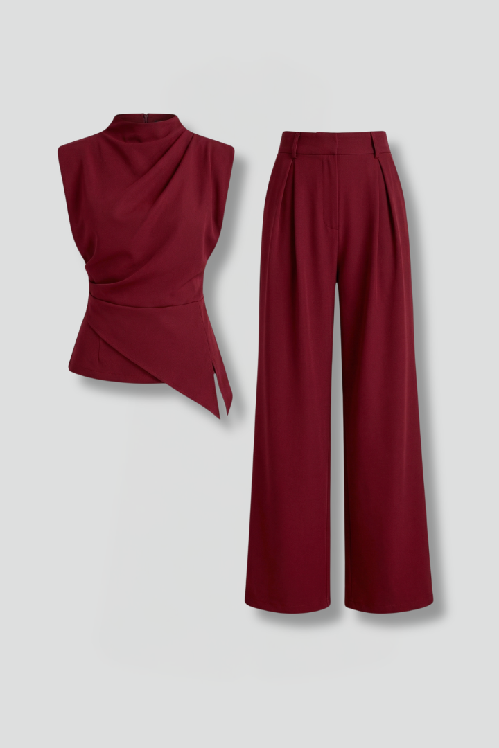 Women’s Top and Trousers Set with Round Neck and Straight Legs