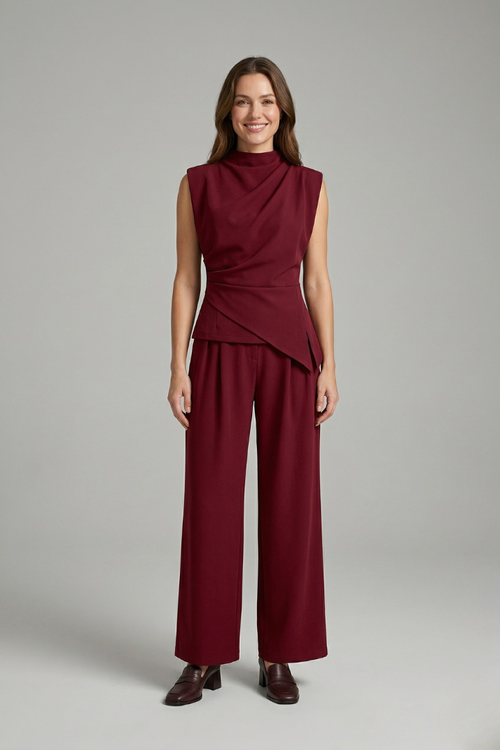 Women’s Top and Trousers Set with Round Neck and Straight Legs