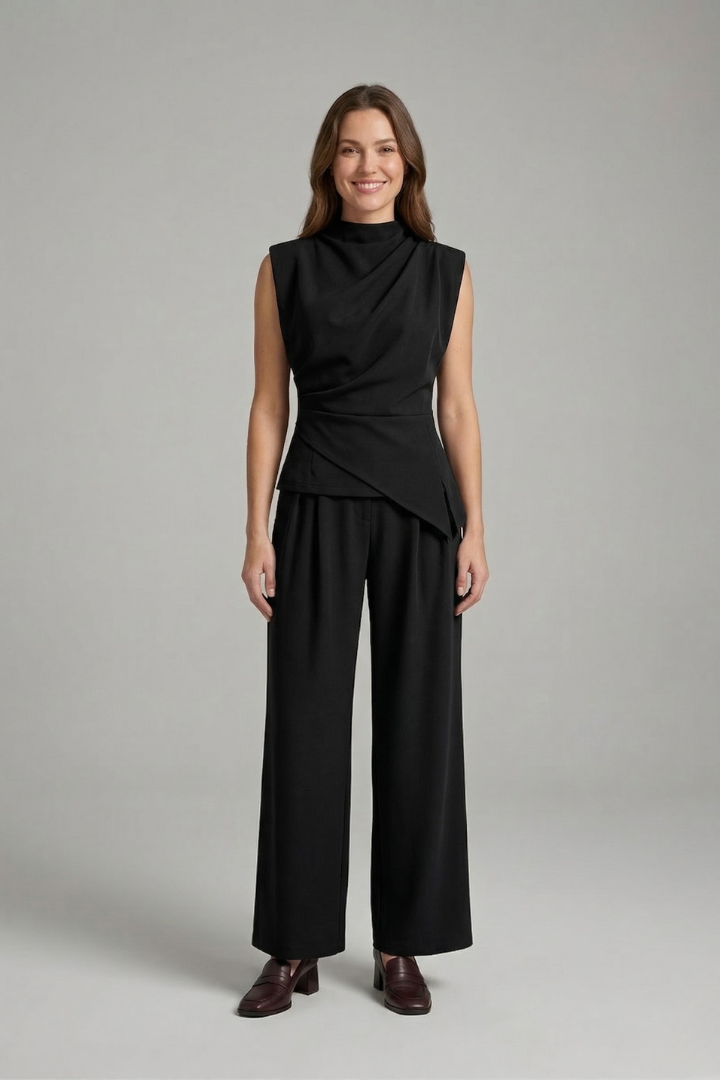 Women’s Top and Trousers Set with Round Neck and Straight Legs