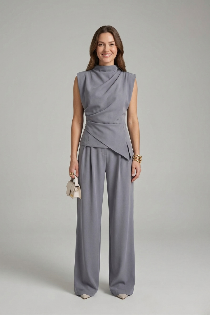 Women’s Top and Trousers Set with Round Neck and Straight Legs
