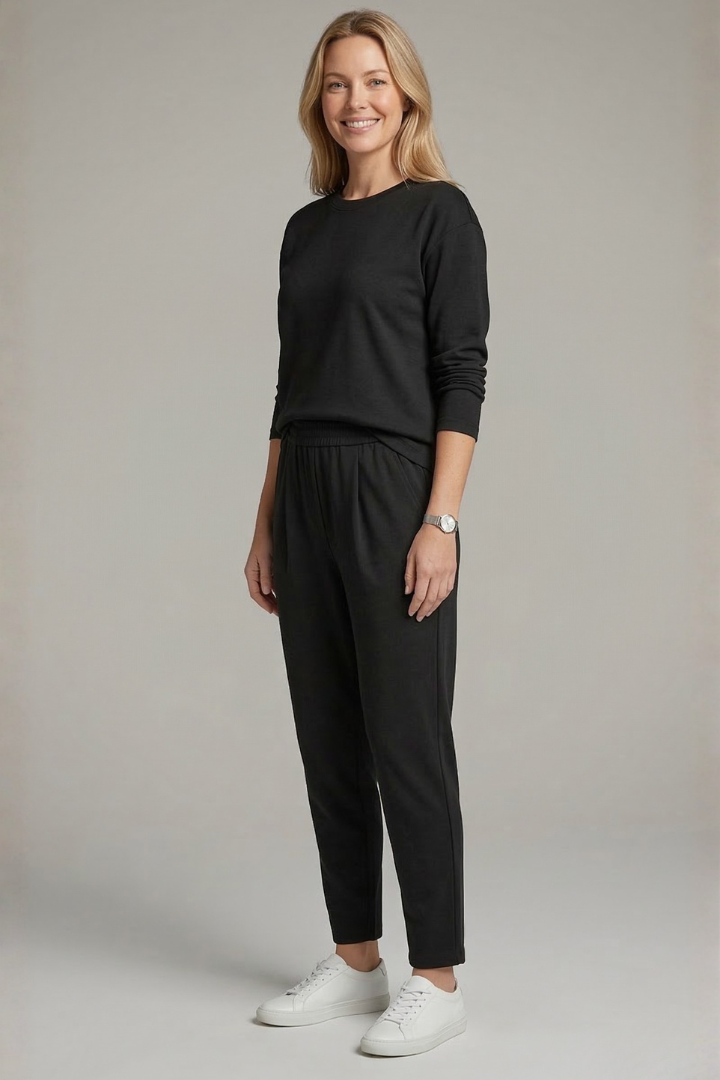 Women’s Two-Piece Set with Crew Neck Top and Tapered Trousers
