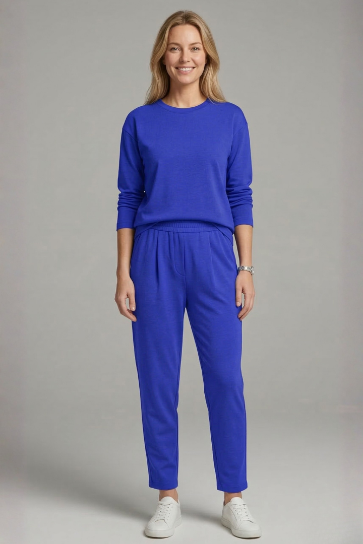 Women’s Two-Piece Set with Crew Neck Top and Tapered Trousers