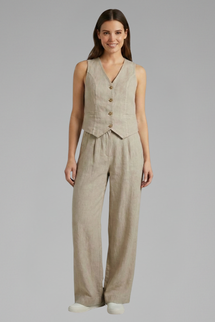 Women’s Two-Piece Set with V-Neck Waistcoat and Wide Trousers