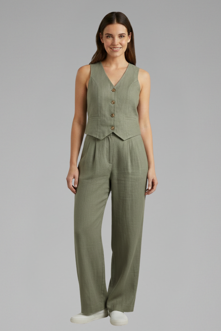 Women’s Two-Piece Set with V-Neck Waistcoat and Wide Trousers