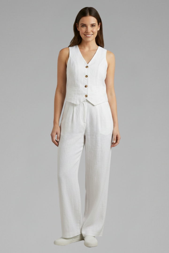 Women’s Two-Piece Set with V-Neck Waistcoat and Wide Trousers
