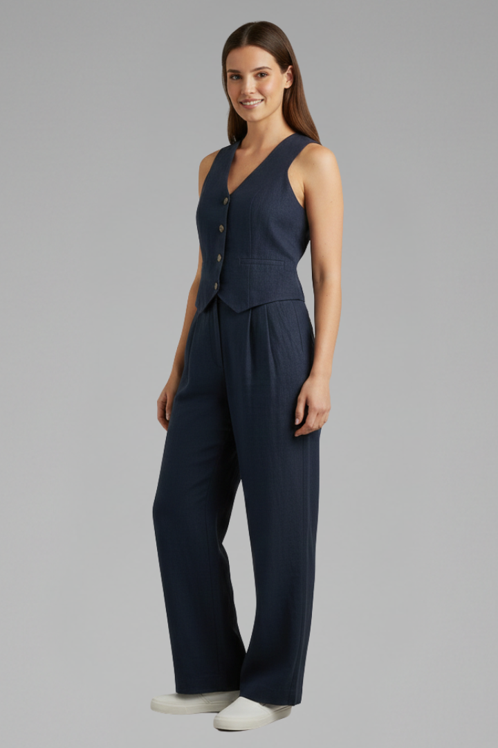 Women’s Two-Piece Set with V-Neck Waistcoat and Wide Trousers