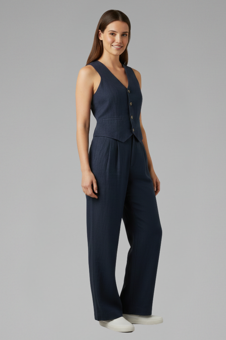 Women’s Two-Piece Set with V-Neck Waistcoat and Wide Trousers