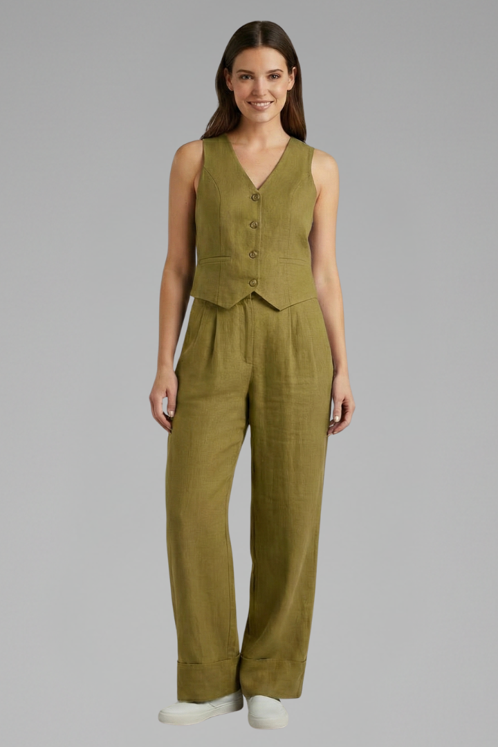 Women’s Two-Piece Set with V-Neck Waistcoat and Wide Trousers