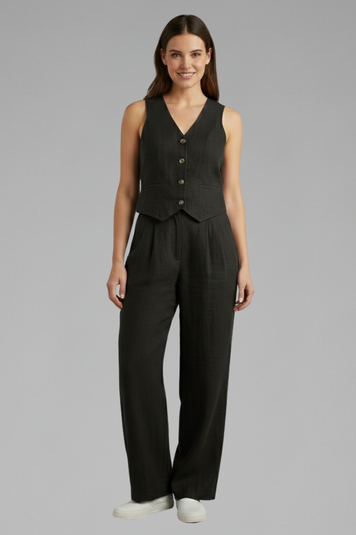 Women’s Two-Piece Set with V-Neck Waistcoat and Wide Trousers