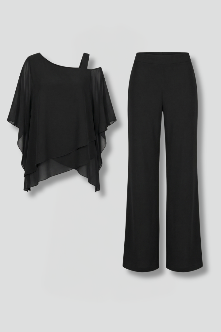 Women’s Two Piece Set with Asymmetrical Top and Wide Leg Trousers