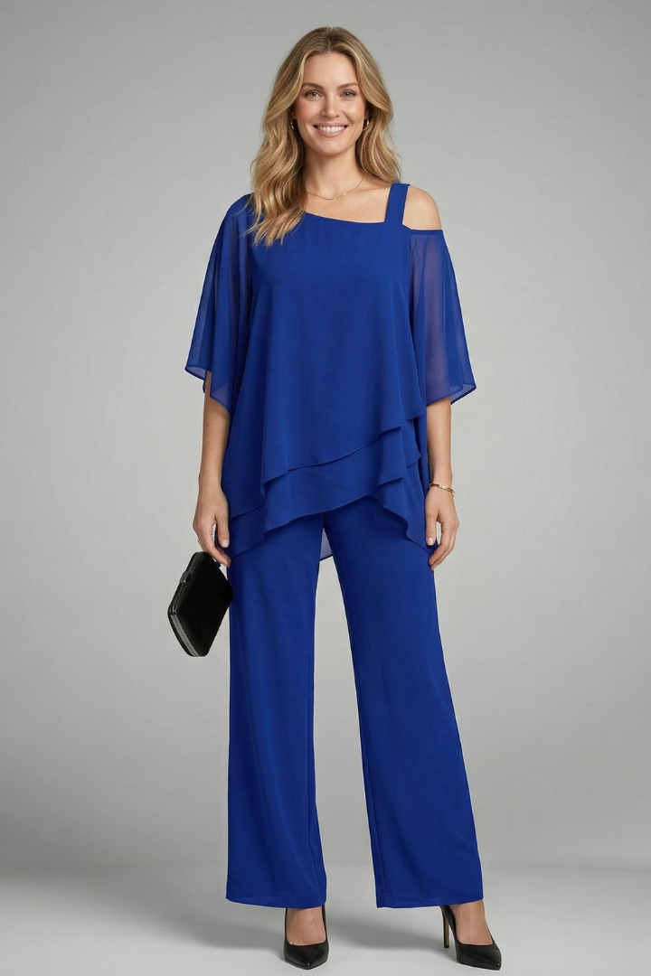 Women’s Two Piece Set with Asymmetrical Top and Wide Leg Trousers