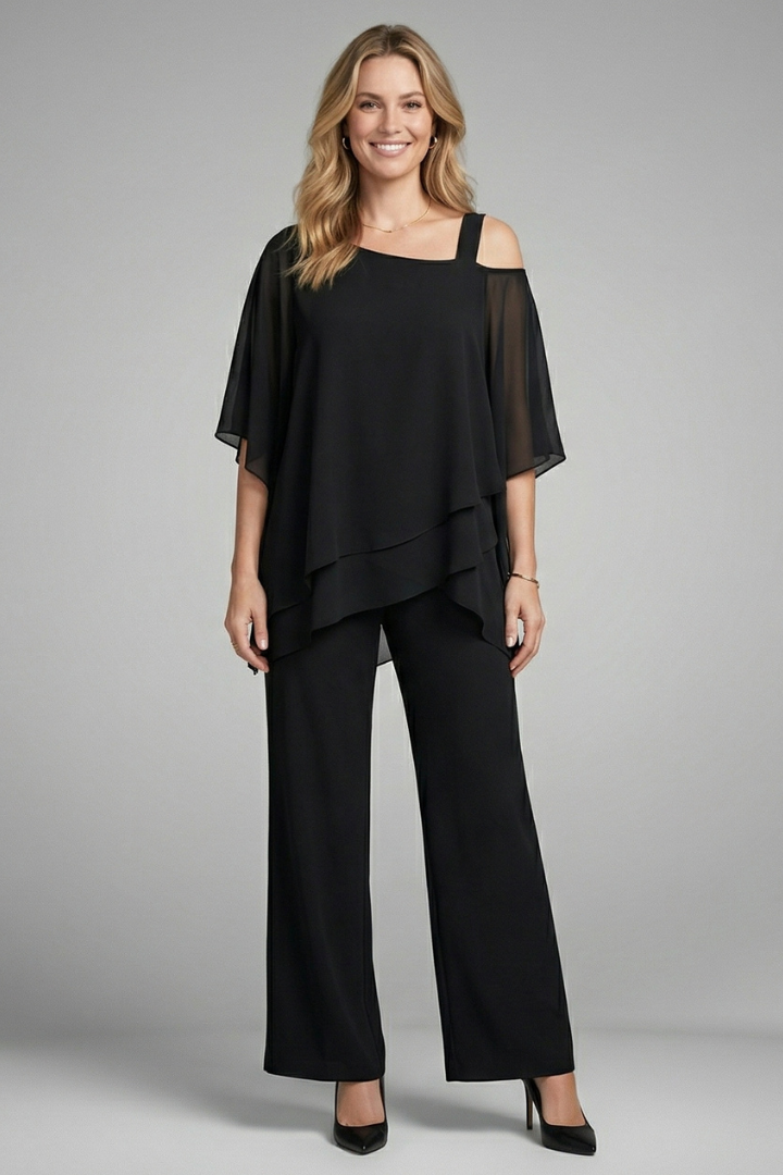 Women’s Two Piece Set with Asymmetrical Top and Wide Leg Trousers