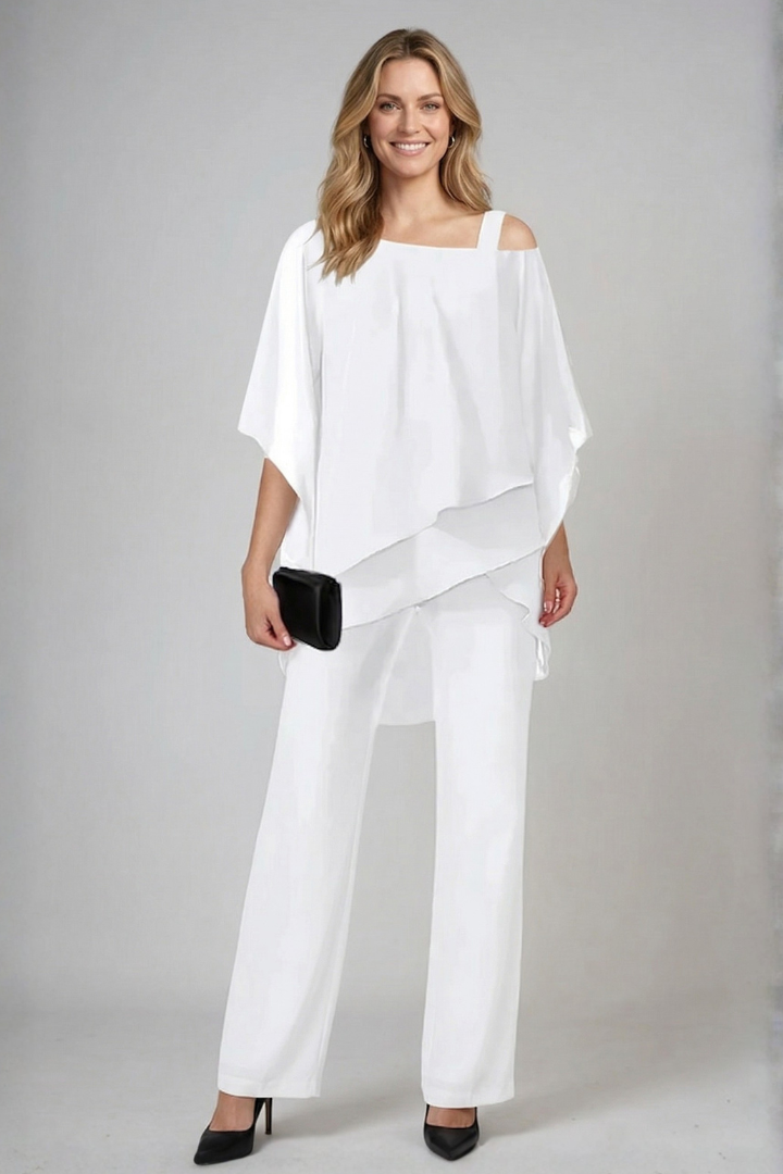 Women’s Two Piece Set with Asymmetrical Top and Wide Leg Trousers