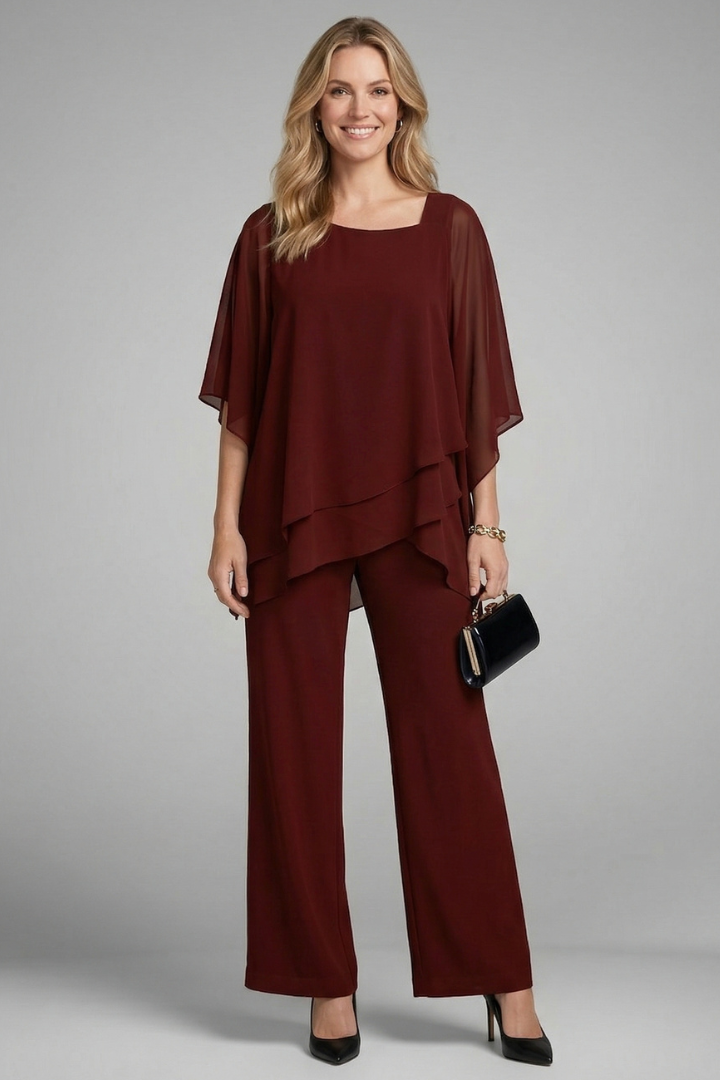 Women’s Two Piece Set with Asymmetrical Top and Wide Leg Trousers